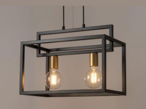 Miniaturka 1 - Zbliżenie lampy wiszącej Vigo 2 czarno-złotej, dwie oprawki E27 wewnątrz czarnej ramy, przykładowe świecące żarówki