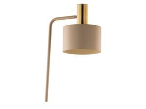Miniaturka 1 - Lampa podłogowa Vitrum Gold Walec, zbliżenie beżowego klosza i złotego detalu