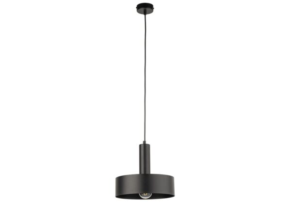 Lampa wisząca Vitrum koło czarna, okrągły stalowy klosz i pełne zawieszenie na białym tle