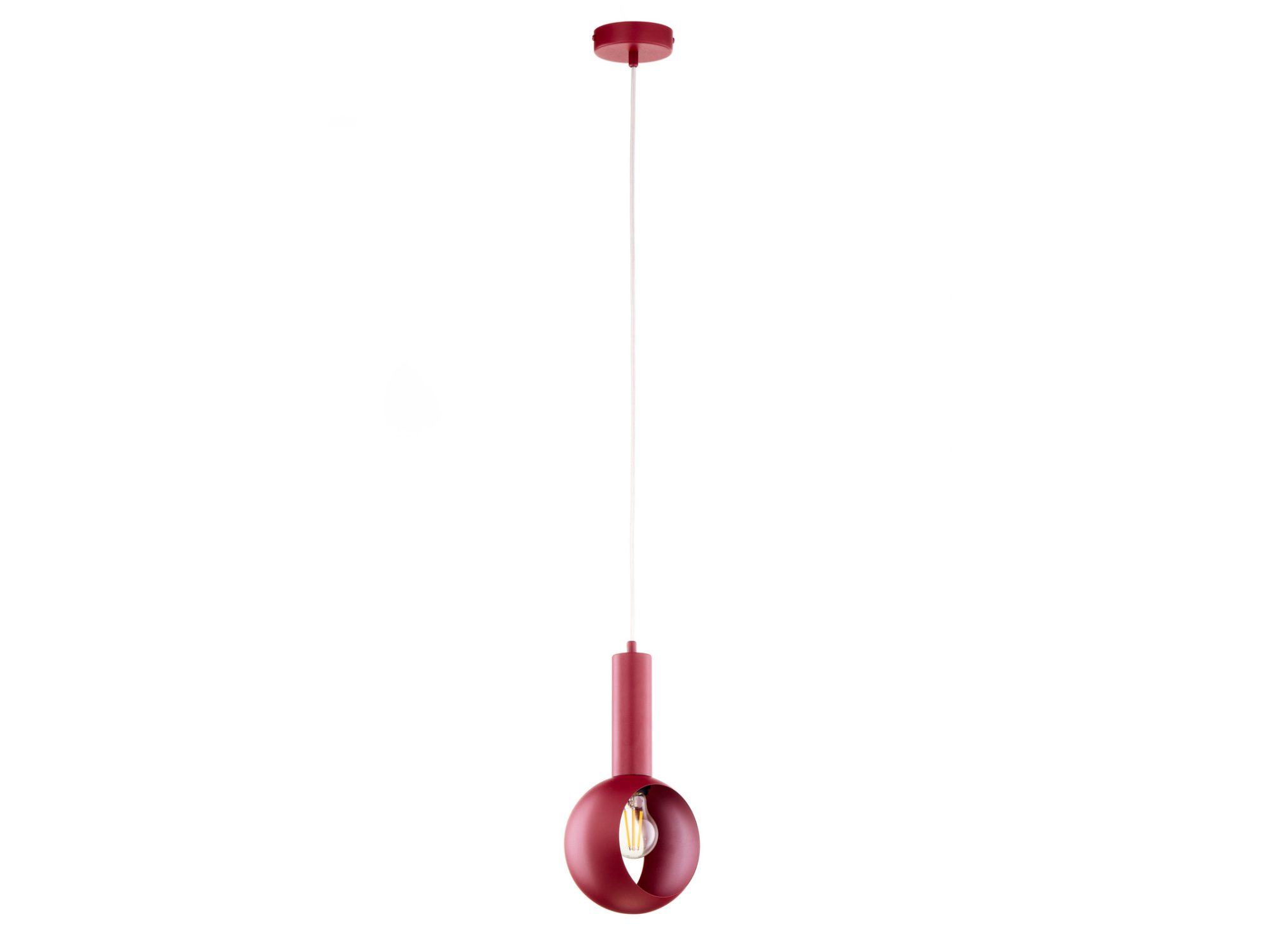 Bordowa lampa wisząca Vitrum Oczko na białym tle z widocznym źródłem światła