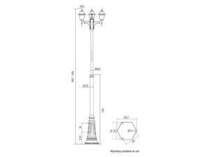 Miniaturka 2 - Rysunek wymiarowy lampy parkowej WITRAŻ OGMWN 3 N, wysokość regulowana 185–285 cm