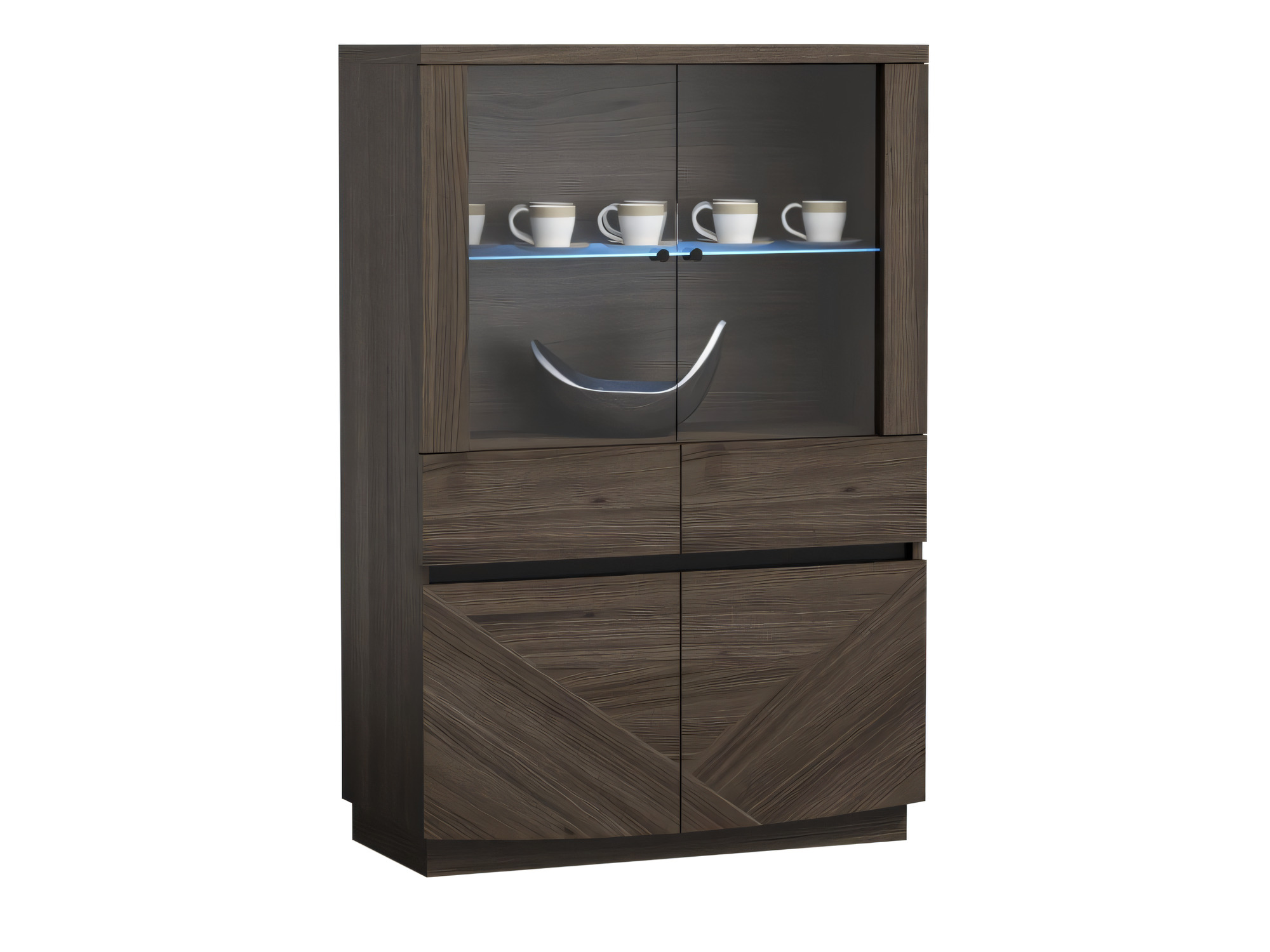 Niska witryna Palviano z przeszkloną górną częścią i zamykanym dołem w ciemnym fornirze