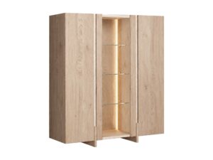 Miniaturka 1 - Niska witryna Traverio 120 cm z dębu bielonego z trawertynem i LED – zdjęcie na białym tle