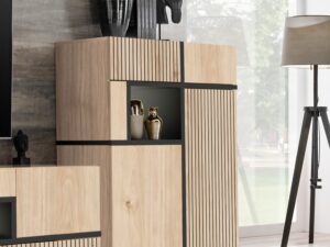Miniaturka 4 - Witryna niska z LED i szufladami Cresto 90 cm – Szafka z drewna jasnego koloru z czarnymi wstawkami