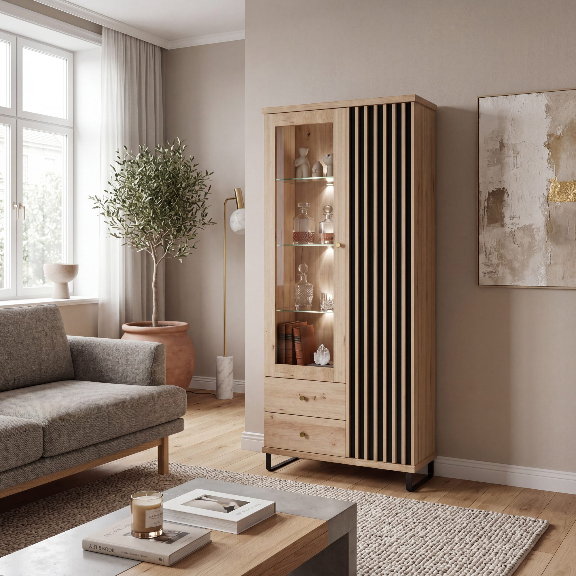 Witryna Sorenta dąb Artisan w salonie, czarne nogi i oświetlenie LED