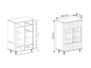 Miniaturka 5 - Rysunek wymiarowy witryny Tesino 98 cm z rozmieszczeniem półek