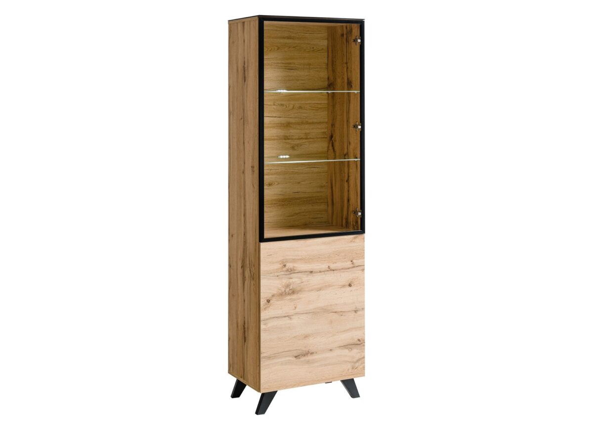 Witryna wysoka z LED Thalero 60 cm dąb Wotan czarna rama