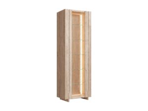 Miniaturka 1 - Wysoka witryna Traverio 206 cm z dębu bielonego z trawertynem i LED – zdjęcie na białym tle