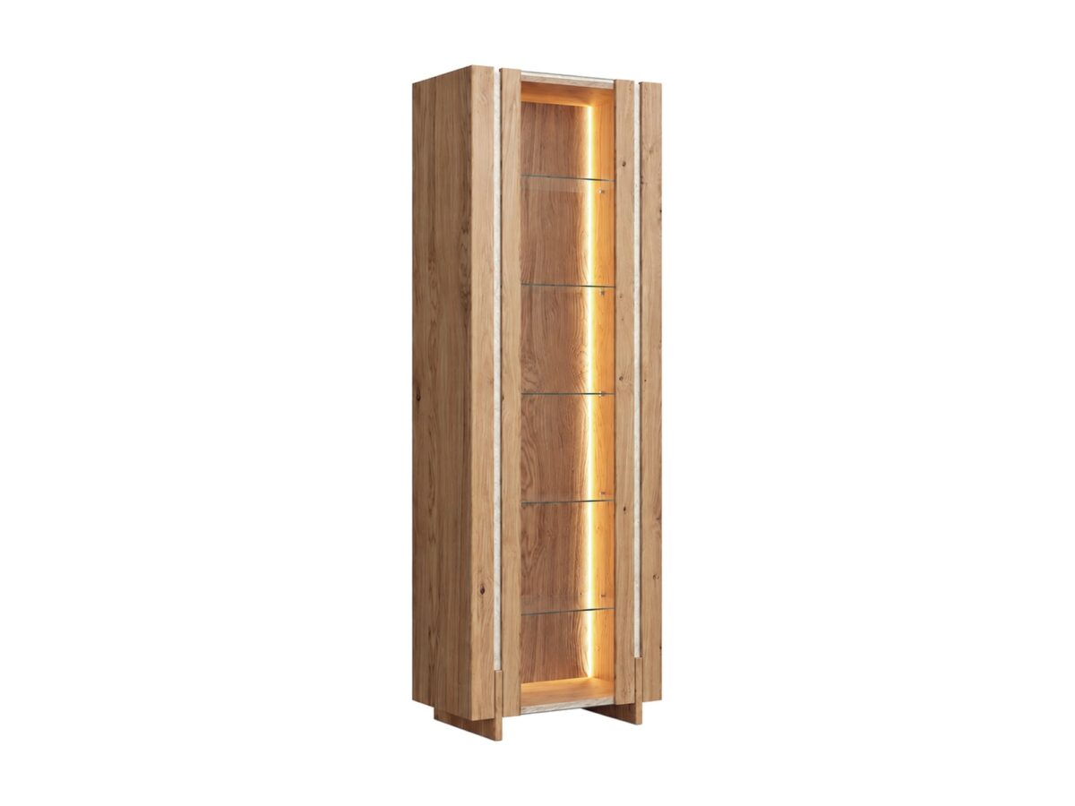 Wysoka witryna dębowa Traverio 206 cm z trawertynem i LED