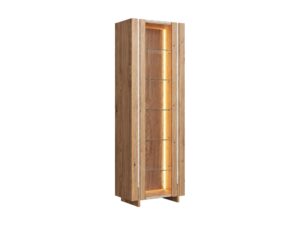 Miniaturka 7 - Wysoka witryna Traverio 206 cm z naturalnego dębu z trawertynem i LED – zdjęcie na białym tle
