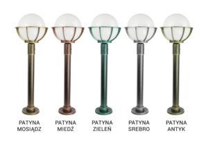 Miniaturka 5 - Patyny lamp ogrodowych z kloszem mlecznym – mosiądz, miedź, zieleń, srebro i antyk