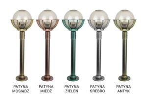 Miniaturka 6 - Patyny lamp ogrodowych z kloszem przydymionym – mosiądz, miedź, zieleń, srebro i antyk