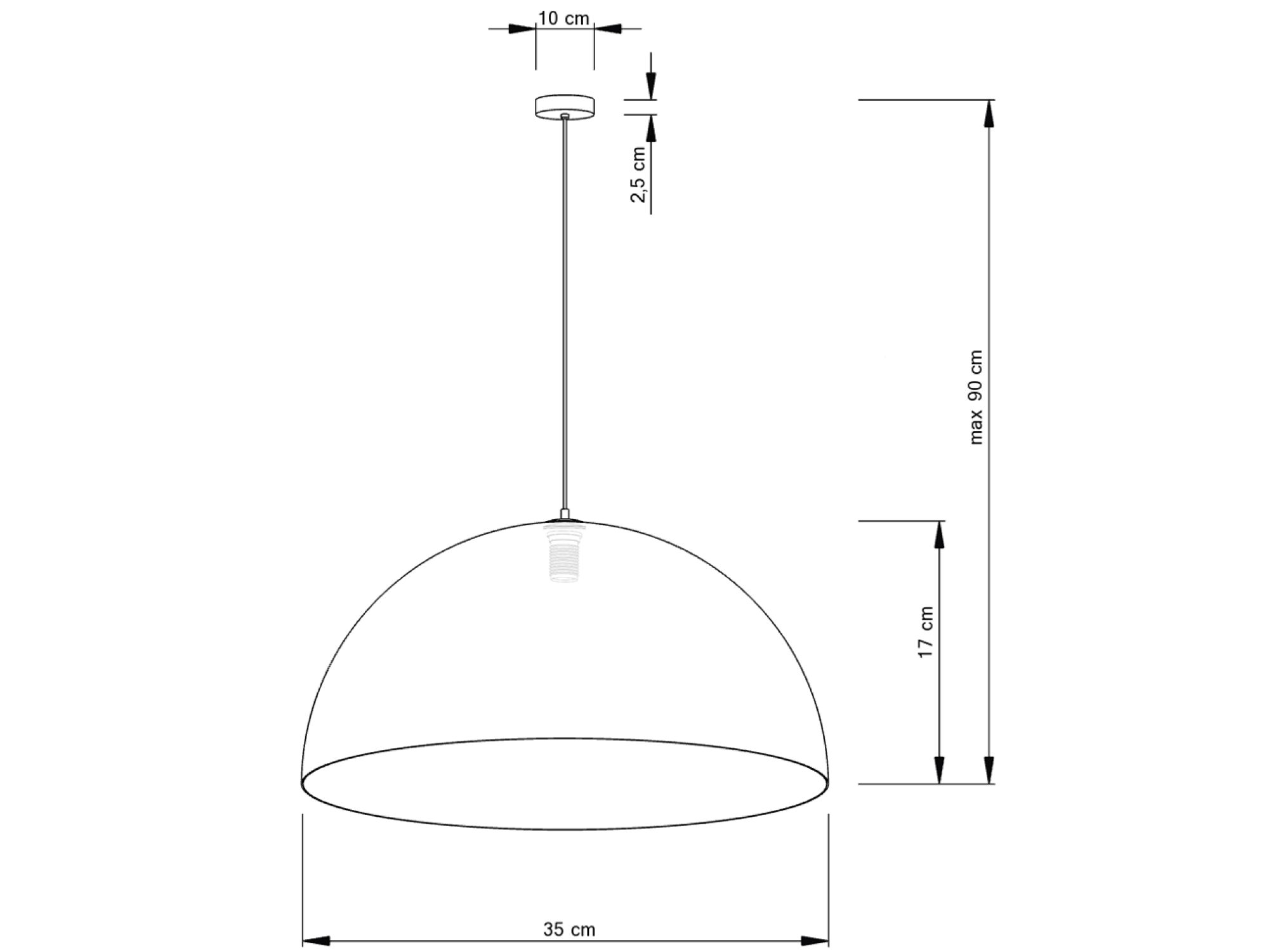 Lampa wisząca Sfera 35 – schemat wymiarów średnicy 35 cm i wysokości 90 cm