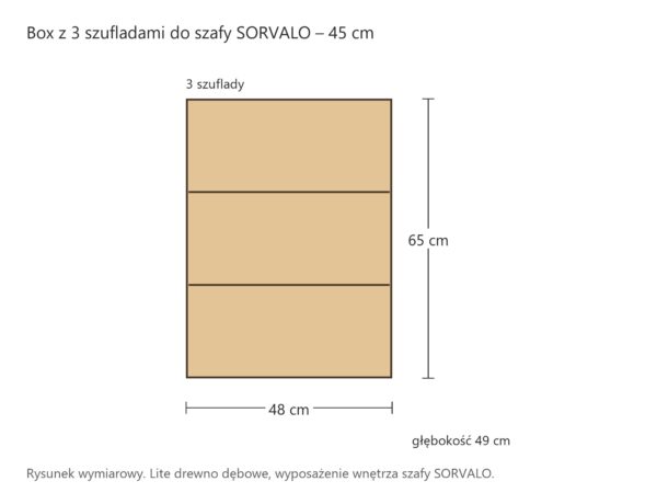 Rysunek wymiarowy dębowego boxu z 3 szufladami 48 × 65 × 49 cm do szafy SORVALO