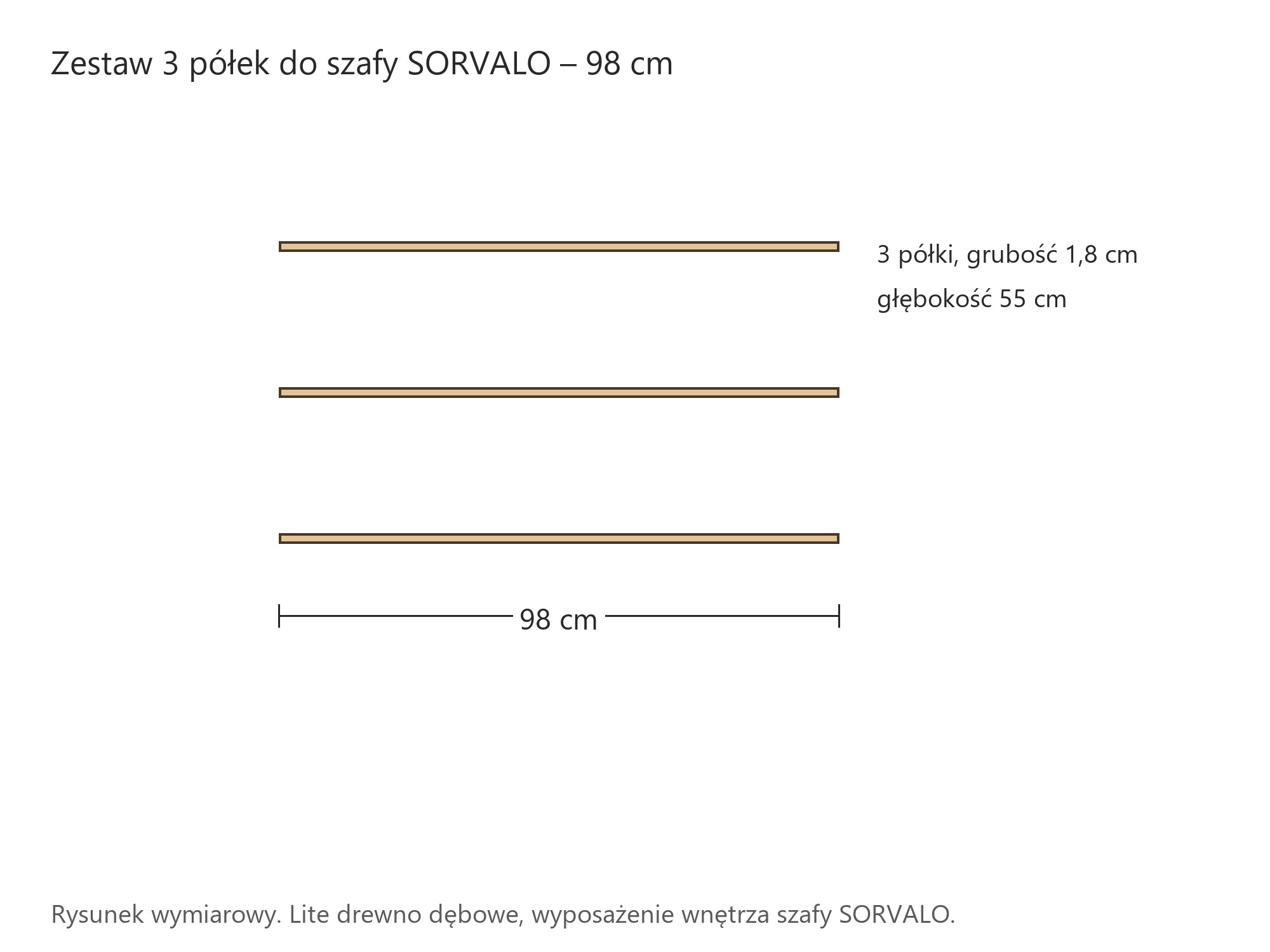 Rysunek wymiarowy zestawu 3 dębowych półek 98 cm do szafy SORVALO