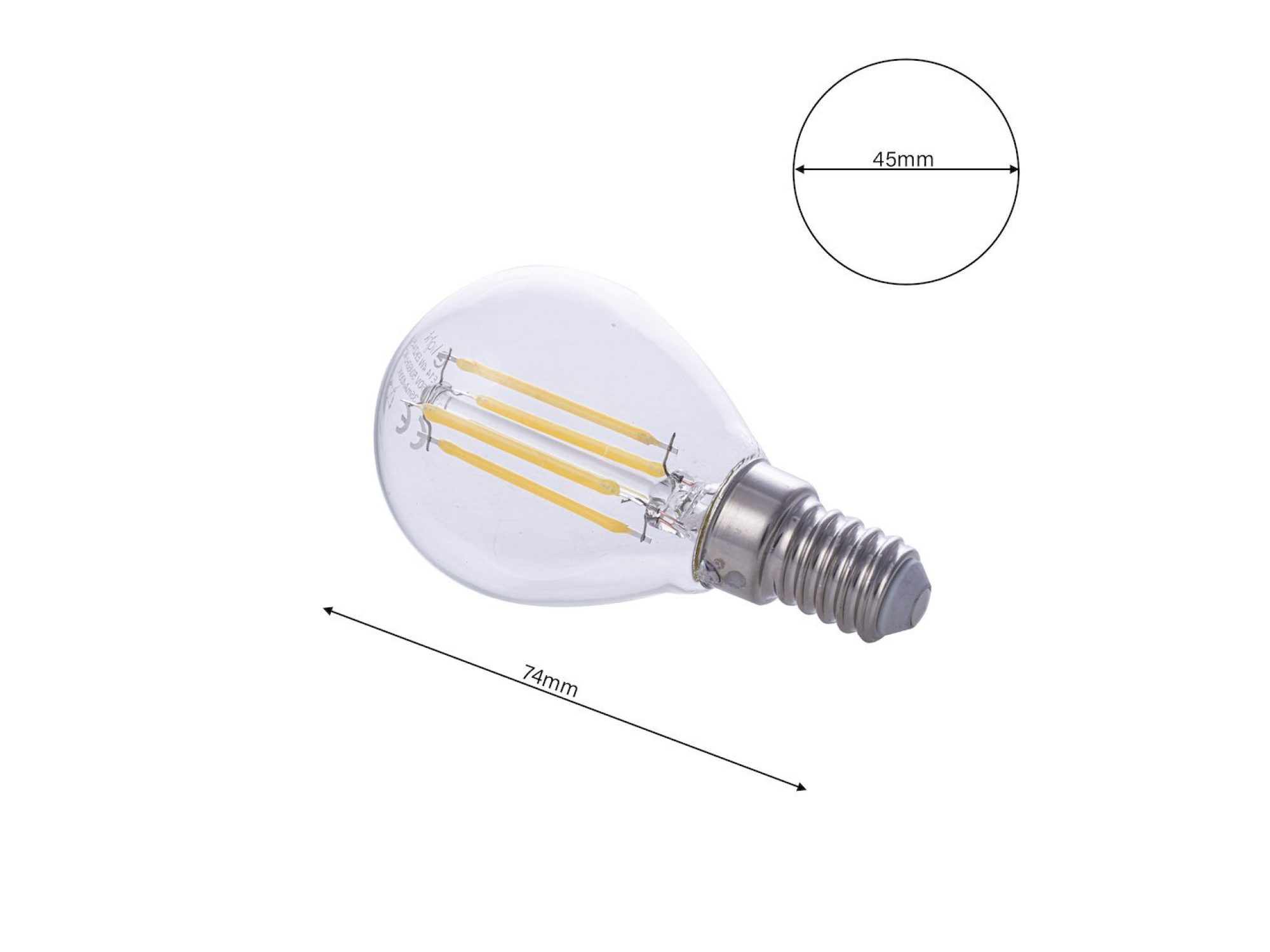 Rysunek wymiarowy żarówki G45 E14 45 × 74 mm