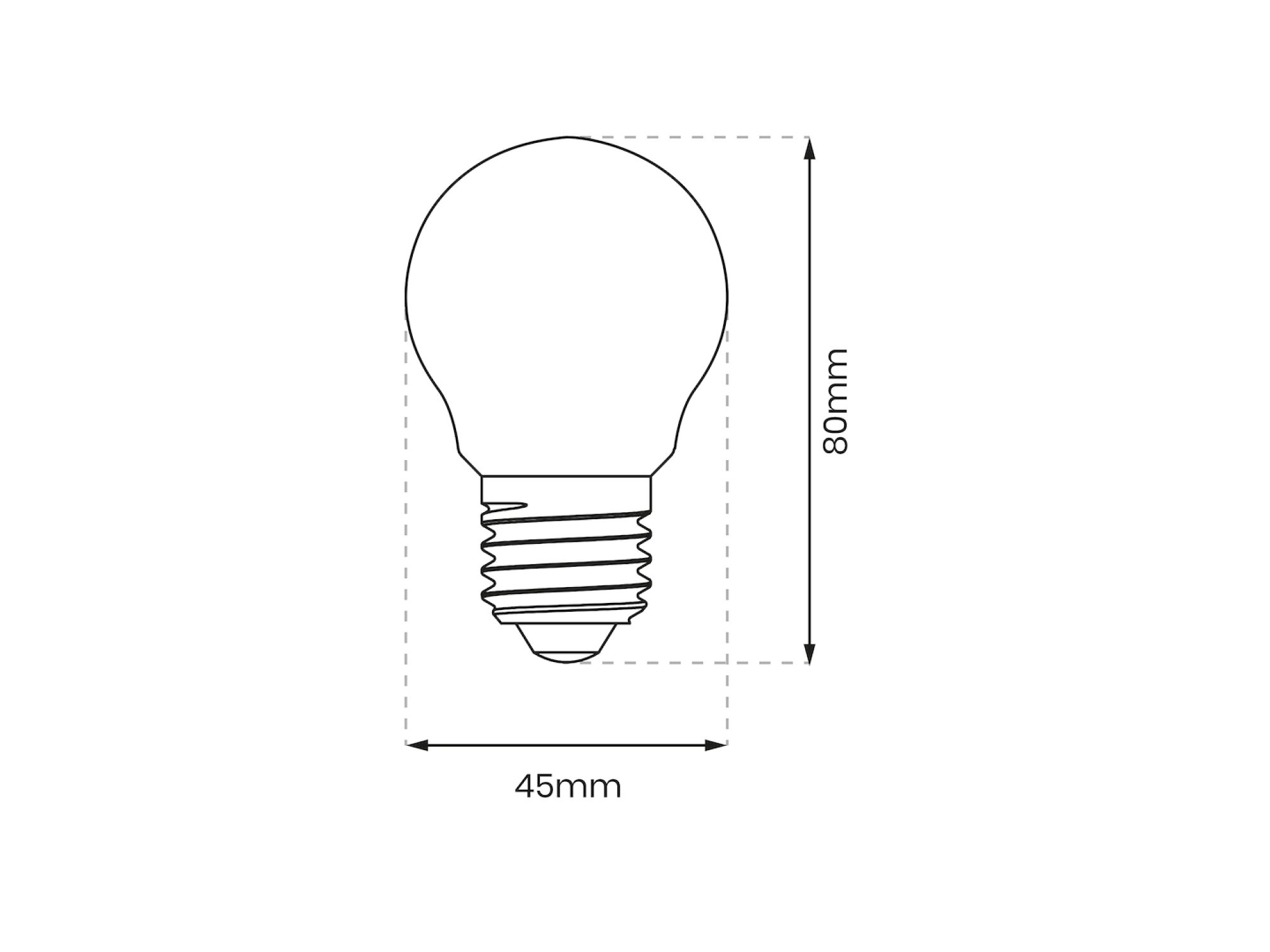 Rysunek wymiarowy żarówki filamentowej LED E27 G45: średnica 45 mm, wysokość 80 mm