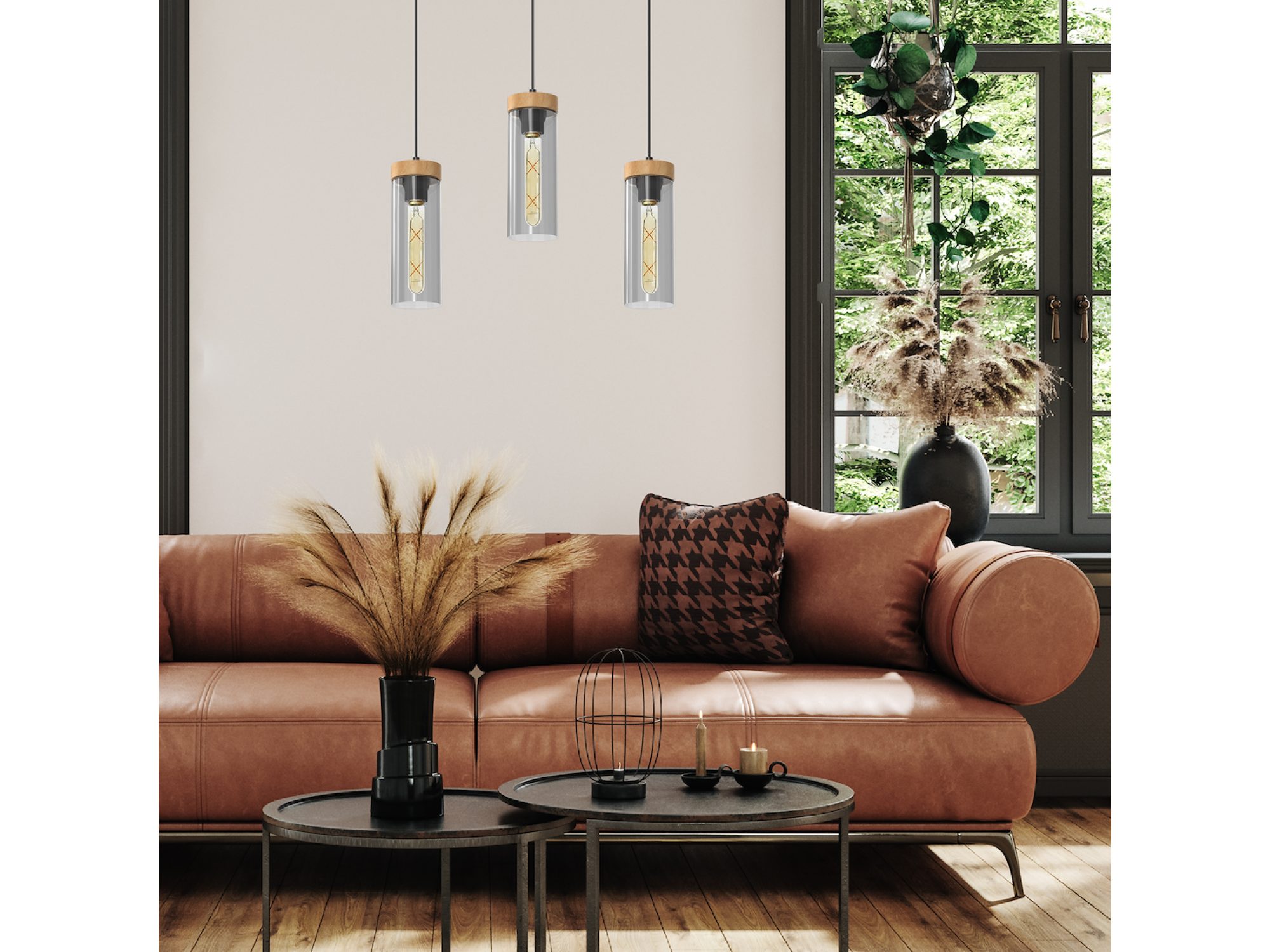 Żarówki LED T30 E27 z bursztynowym szkłem w trzech oprawach wiszących