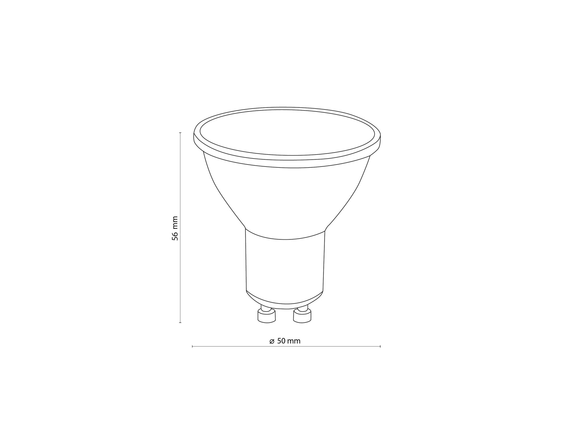 Rysunek czarnej żarówki GU10 5 W, wysokość 56 mm