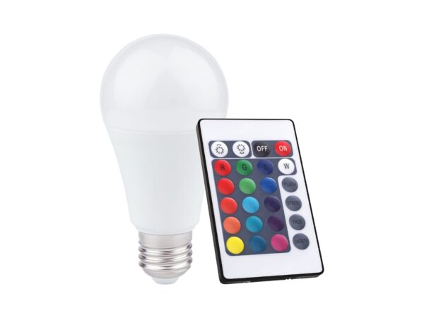 Żarówka LED A60 E27 RGB 10 W z pilotem na białym tle
