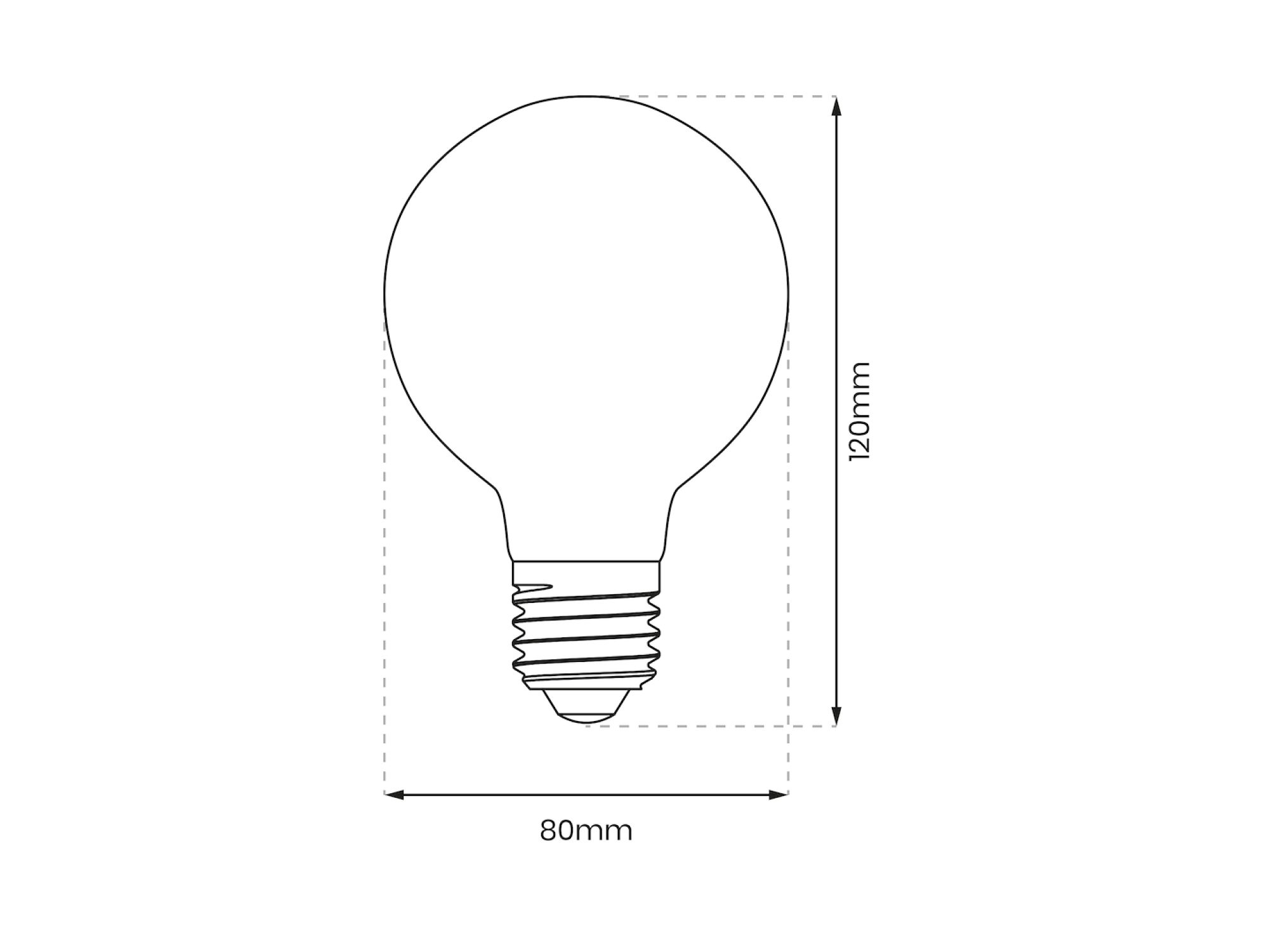 Żarówka LED G80 E27 6 W amber – rysunek wymiarów 80 × 120 mm