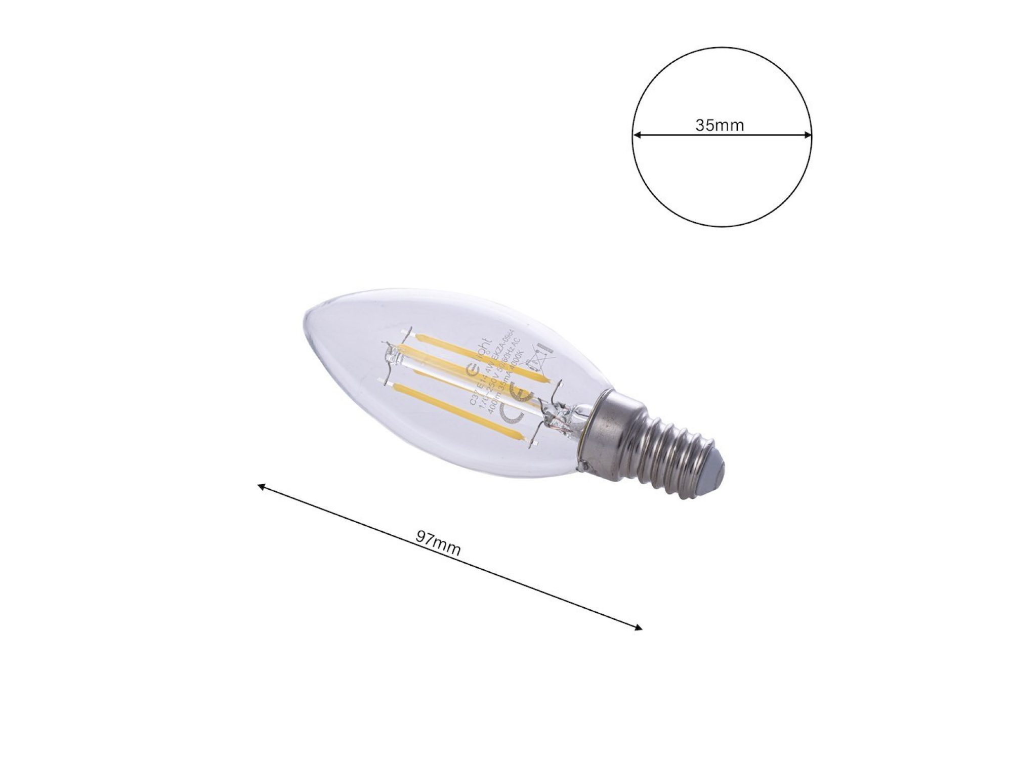 Żarówka LED E14 świeczka 4 W rysunek wymiarów 35 i 97 mm