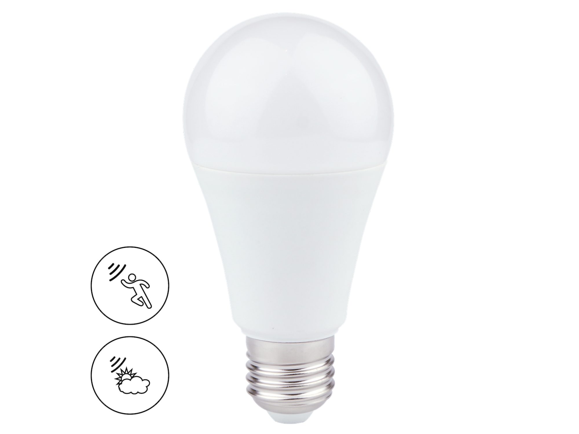 Żarówka LED E27 A60 6 W 3000 K z czujnikiem, widok na białym tle