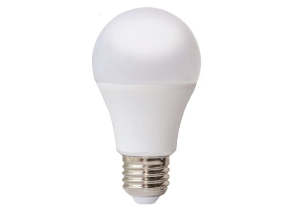 Żarówka LED E27 A60 9 W – biały korpus z kloszem na białym tle
