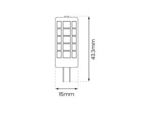 Miniaturka 1 - Rysunek wymiarowy żarówki LED G4 3 W 12 V – szerokość 15 mm i wysokość 43,3 mm