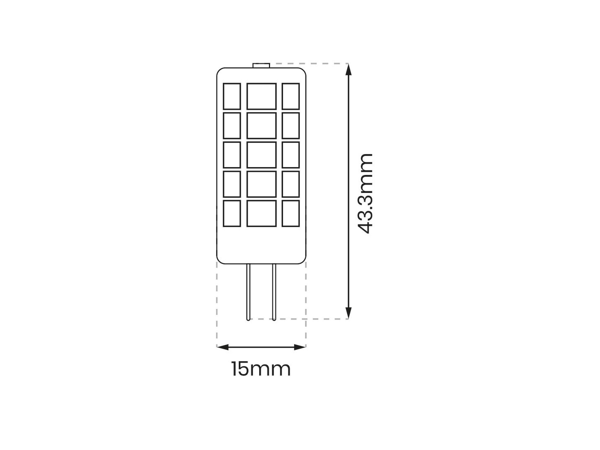 Rysunek wymiarowy żarówki LED G4 3 W 12 V – szerokość 15 mm i wysokość 43,3 mm