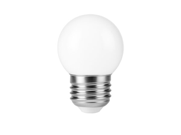 Żarówka LED G45 E27 36 V 0,5 W z mleczną kulistą bańką na białym tle