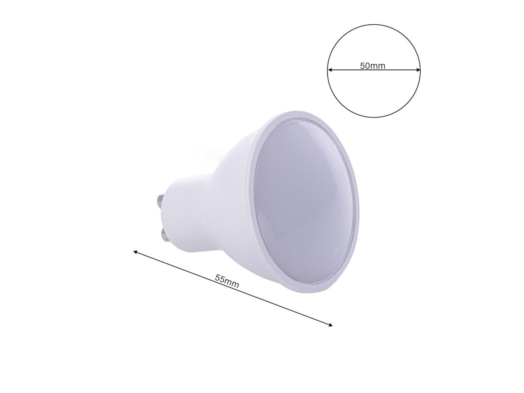 Żarówka GU10 6,5 W ciepła – rysunek wymiarowy średnica 50 mm, wysokość 55 mm