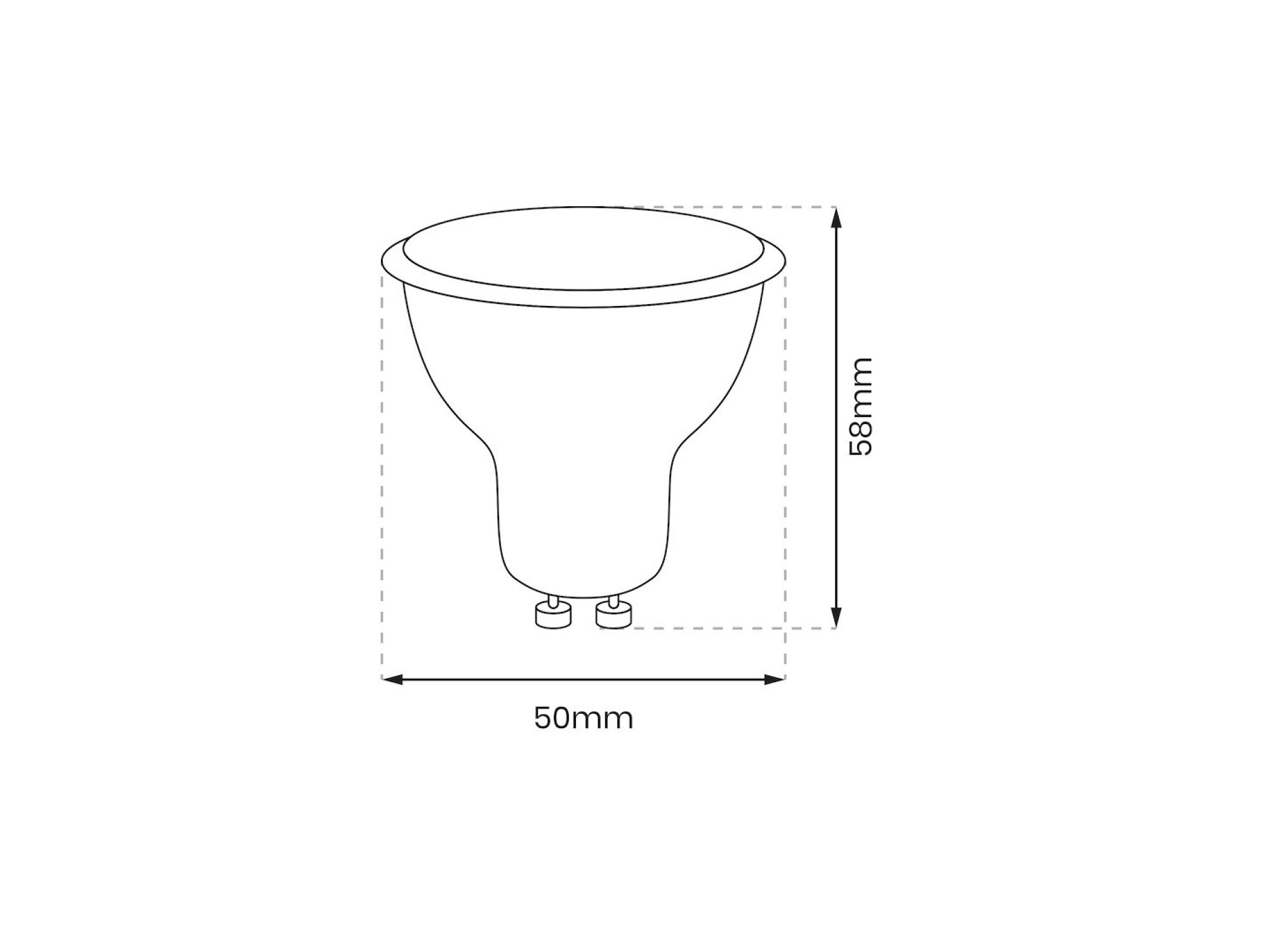 Żarówka LED GU10 9 W – schemat wymiarów 50 × 58 mm