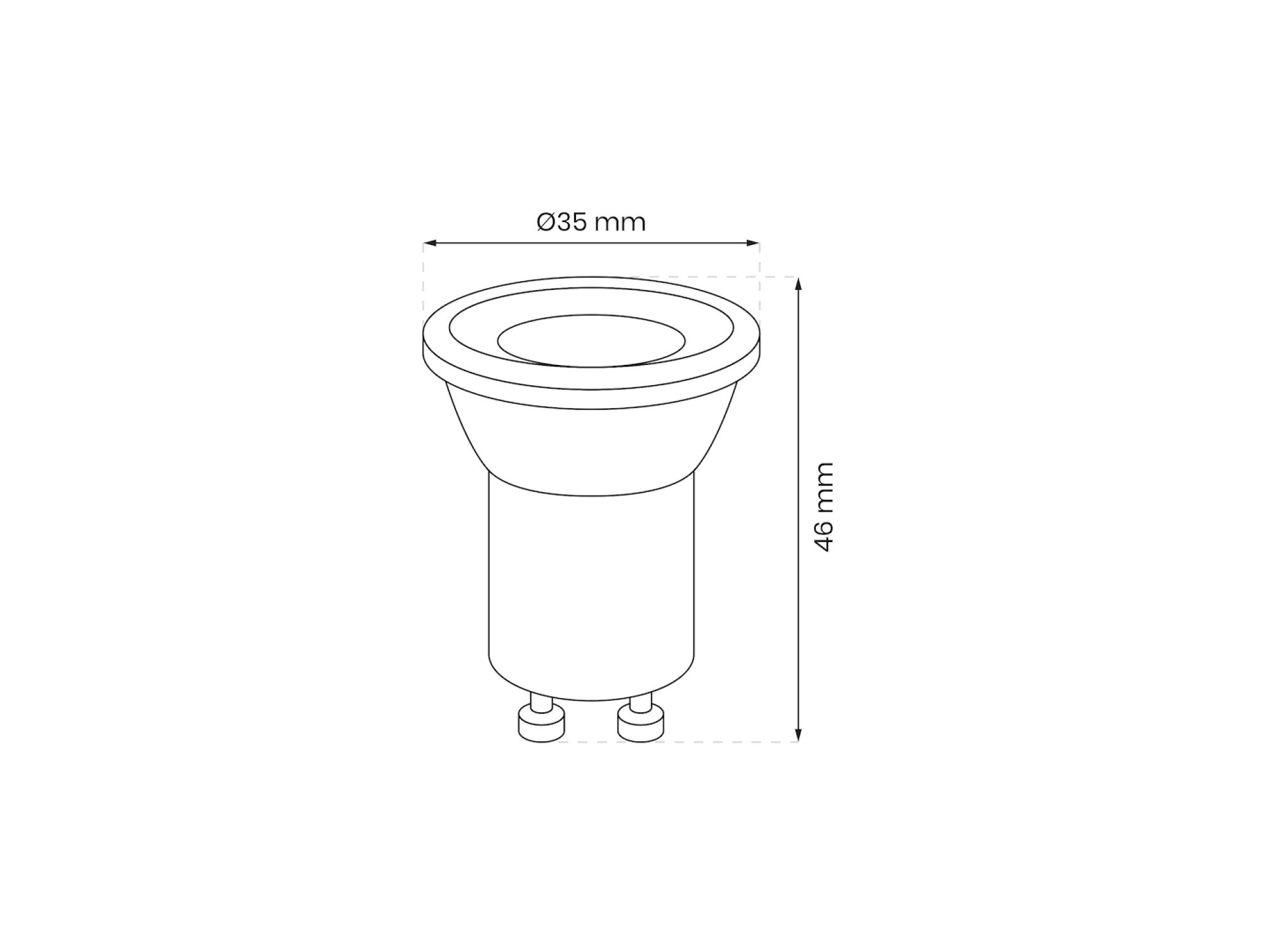 Żarówka LED mini GU10 3 W – rysunek wymiarowy Ø35 mm i wysokość 46 mm