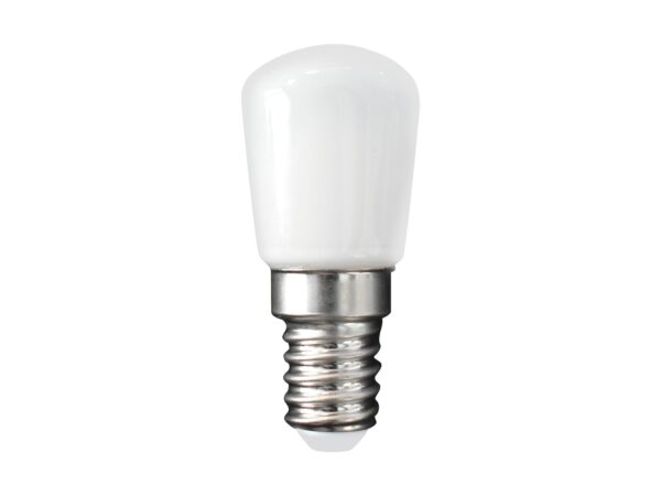 Żarówka LED ST26 E14 3 W do lodówek – biała szklana bańka na białym tle