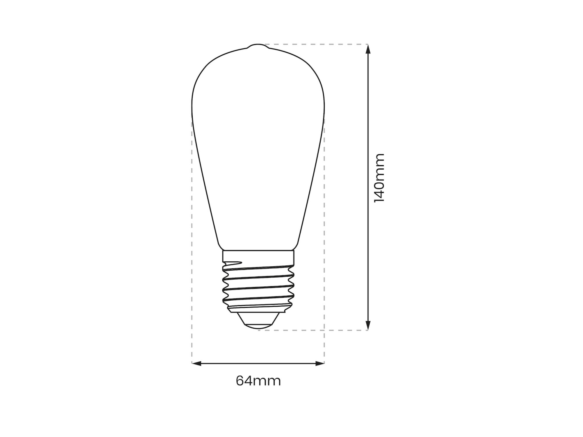 Rysunek wymiarów żarówki bursztynowej ST64 E27 6 W, średnica 64 mm i wysokość 140 mm