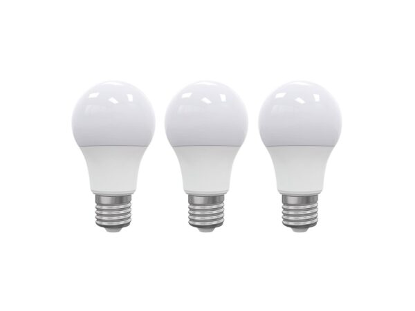 Trzy żarówki LED E27 A60 8,5 W w białej obudowie – trójpak