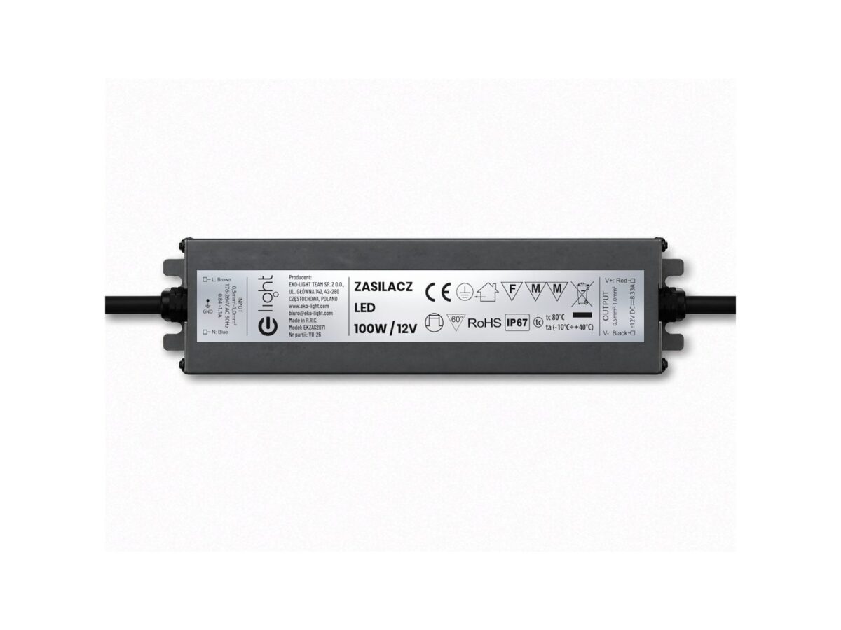 Zasilacz LED 12 V 100 W IP67 smukły grafitowy