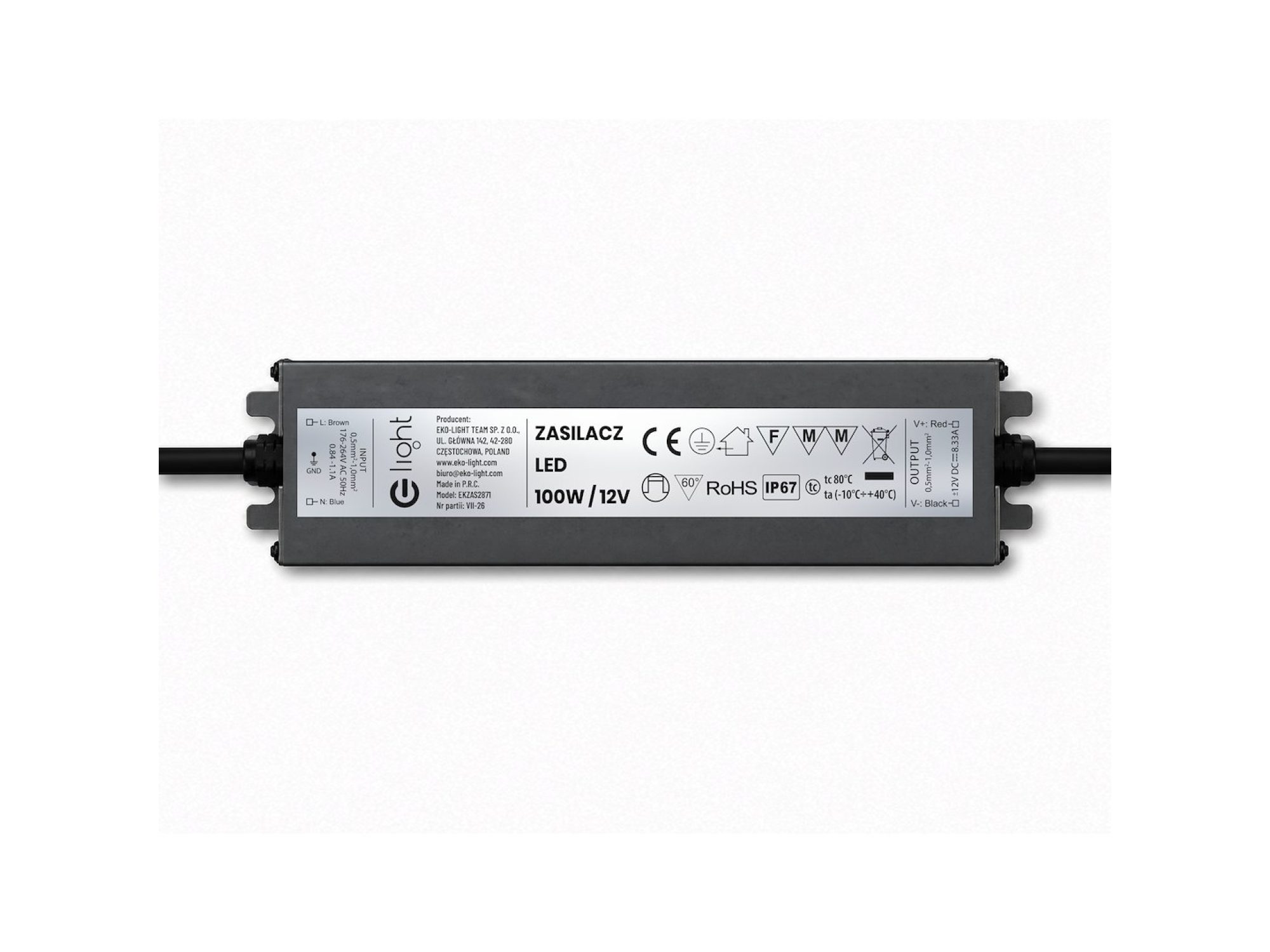 Zasilacz LED 100 W IP67 grafitowy – widok boczny