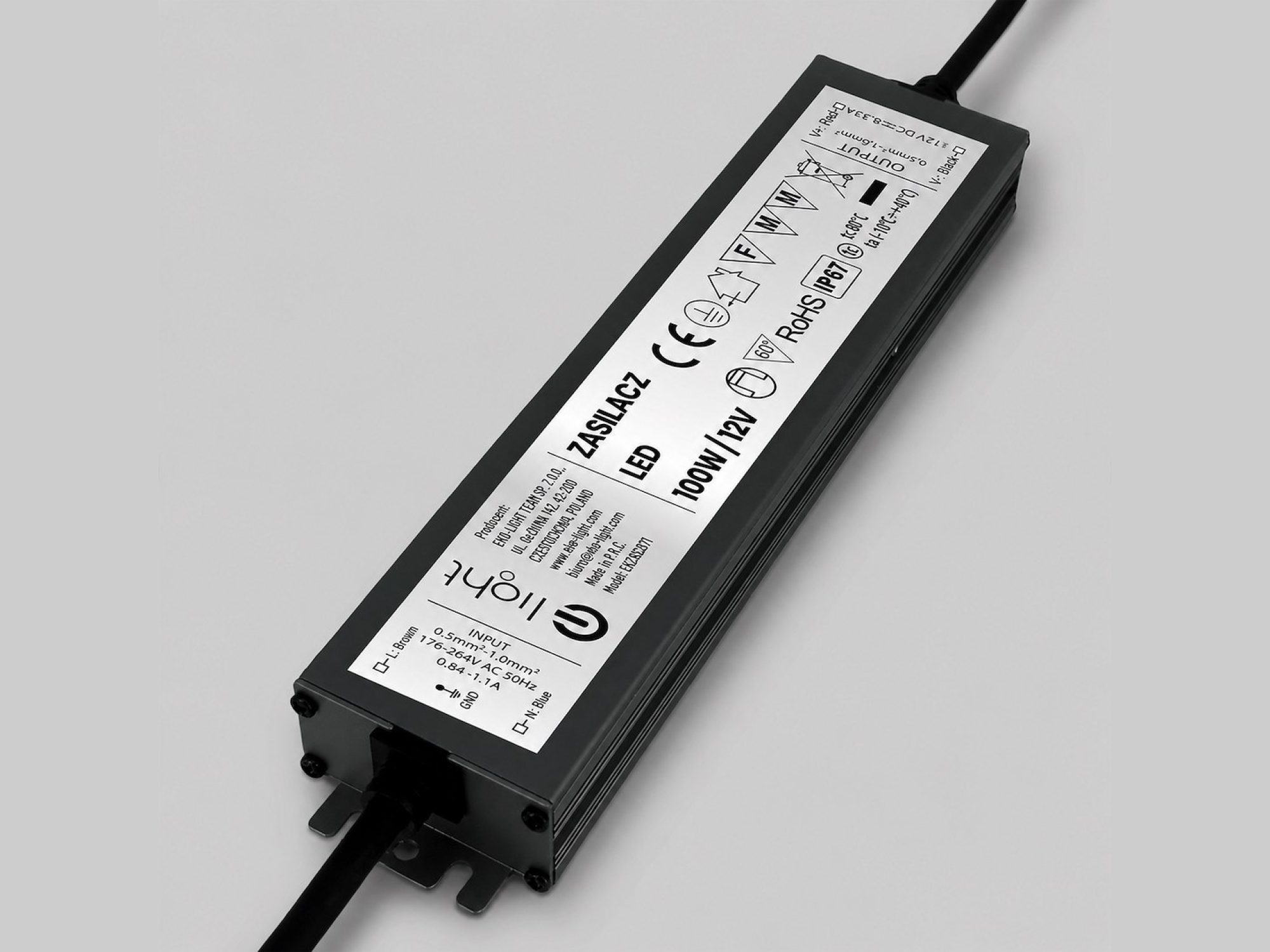 Zasilacz LED 100 W 12 V IP67 grafitowy – packshot obudowy