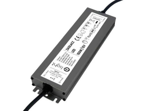 Zasilacz LED 12 V 150 W IP67 w grafitowej obudowie – widok ukośny