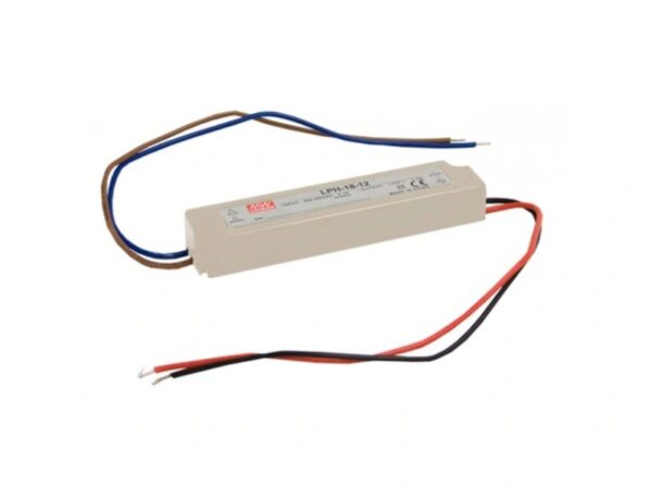 Zasilacz LED 12 V 18 W 1,5 A IP67, biały moduł z przewodami na białym tle