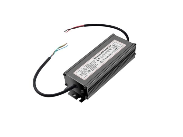 Zasilacz LED 12 V 60 W IP67 w metalowej obudowie z przewodami – packshot