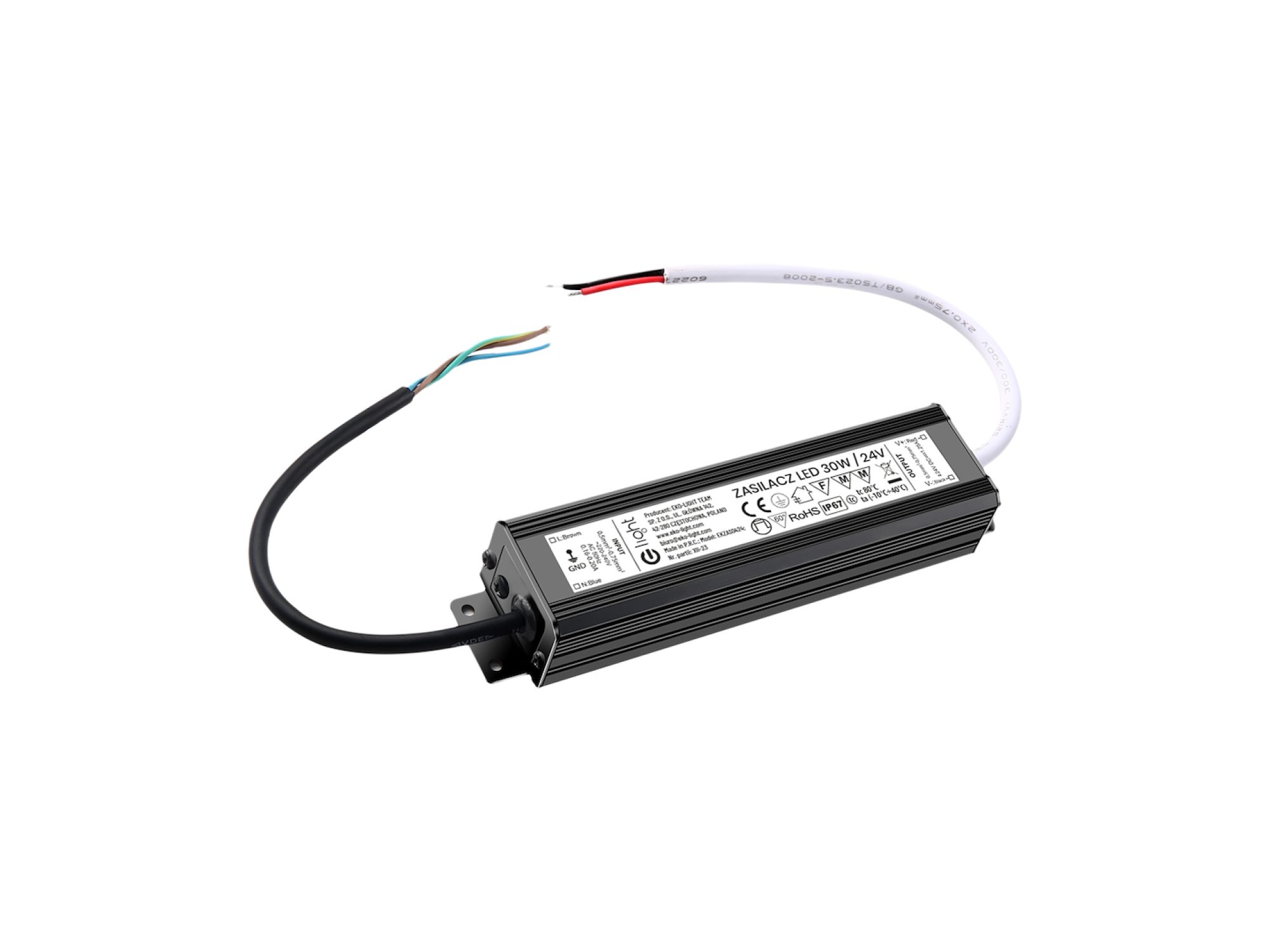 Zasilacz LED 24 V 30 W IP67 – widok obudowy na białym tle