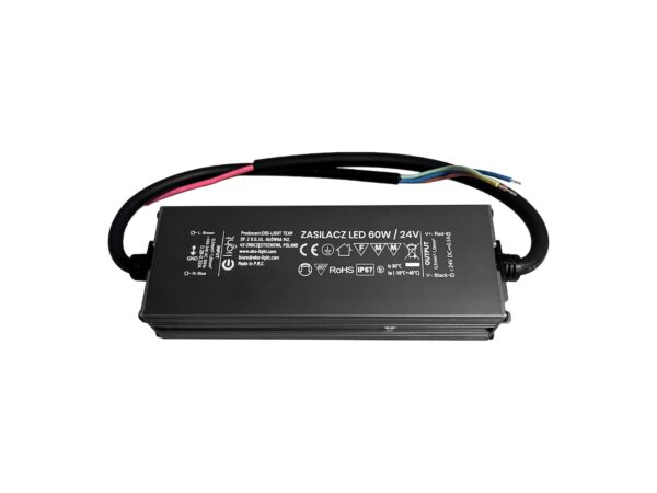 Zasilacz LED 24 V 60 W IP67 w czarnej obudowie z przewodami