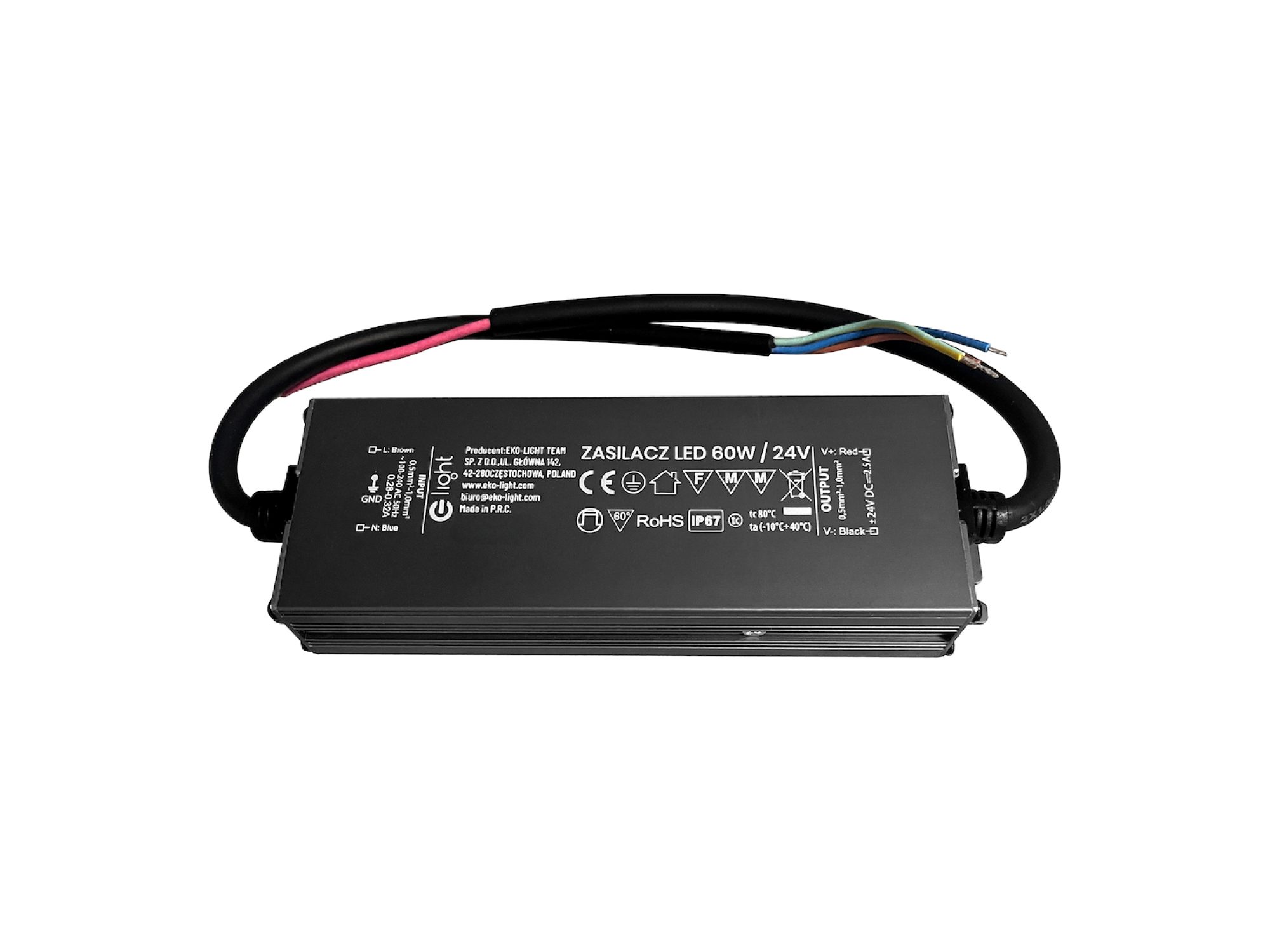 Zasilacz LED 24 V 60 W IP67 w czarnej obudowie z przewodami