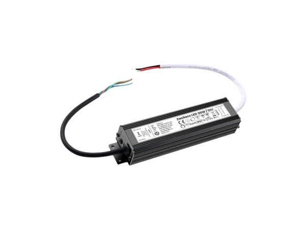 Metalowy zasilacz LED 12 V 30 W IP67 z przewodami na białym tle