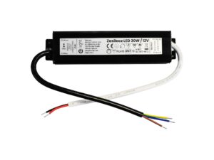 Miniaturka 1 - Metalowy zasilacz LED IP67 30 W 12 V widok od strony etykiety technicznej i przewodów