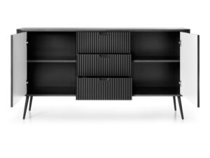 Miniaturka 7 - Komoda Zefiro 168 cm czarna, nogi czarne – otwarte drzwi i szuflady