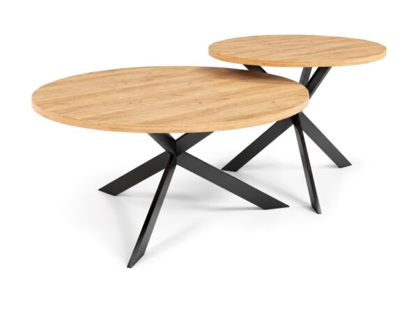 Zestaw 2 stolików kawowych Libreno okrągłych 75 i 58 cm – blat dąb craft złoty, czarny stelaż